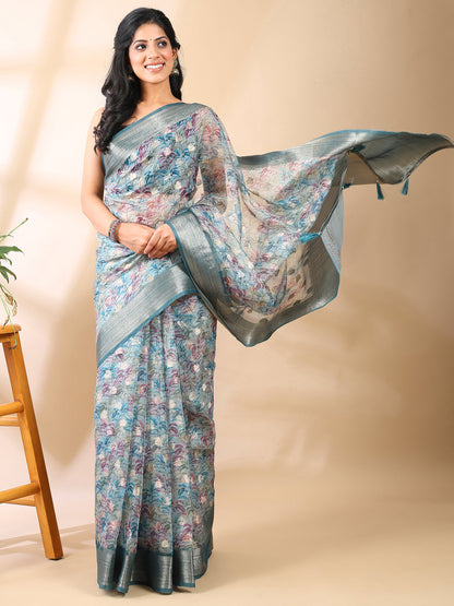 Sea Green Organza Floral Saree