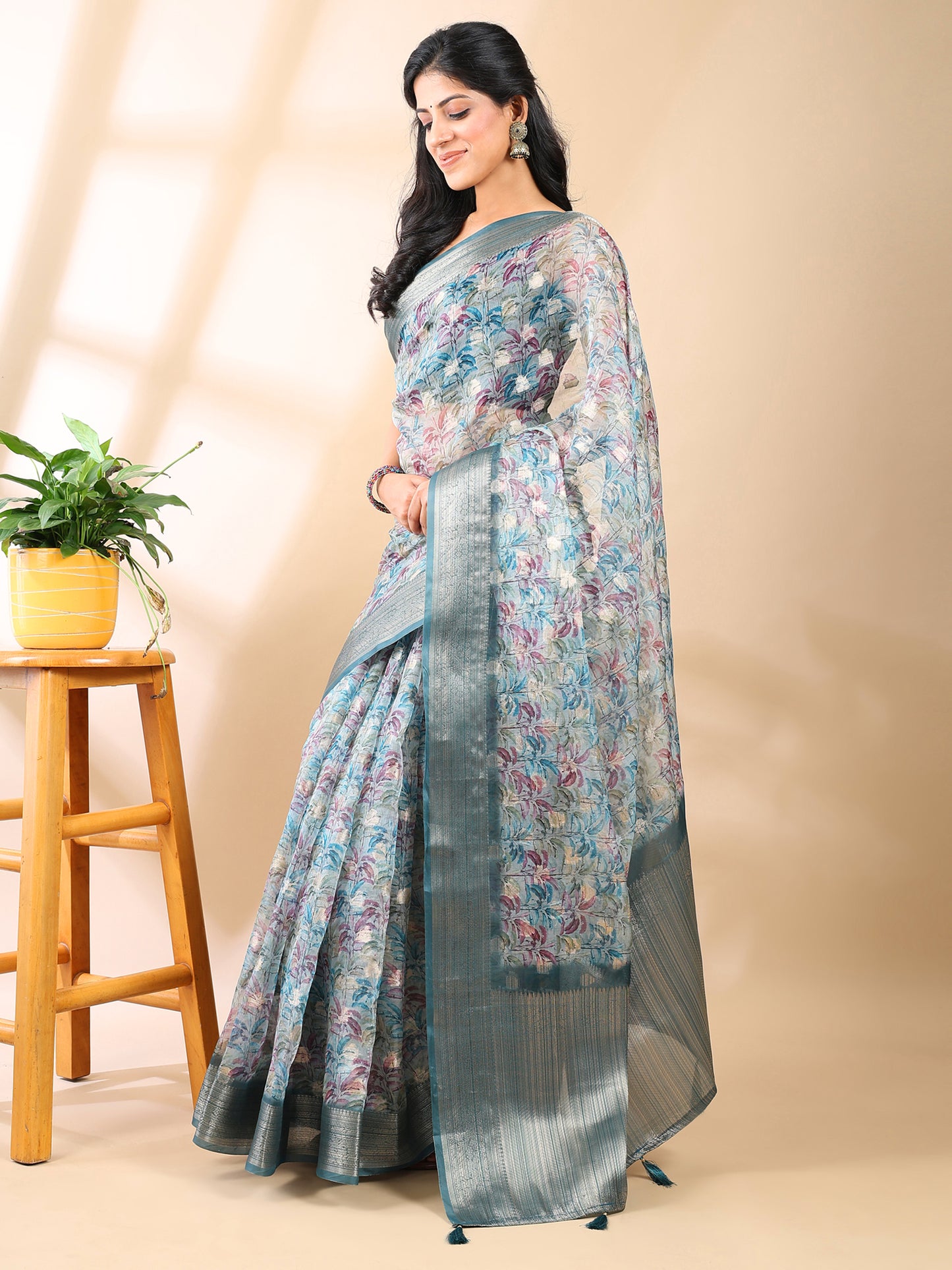 Sea Green Organza Floral Saree