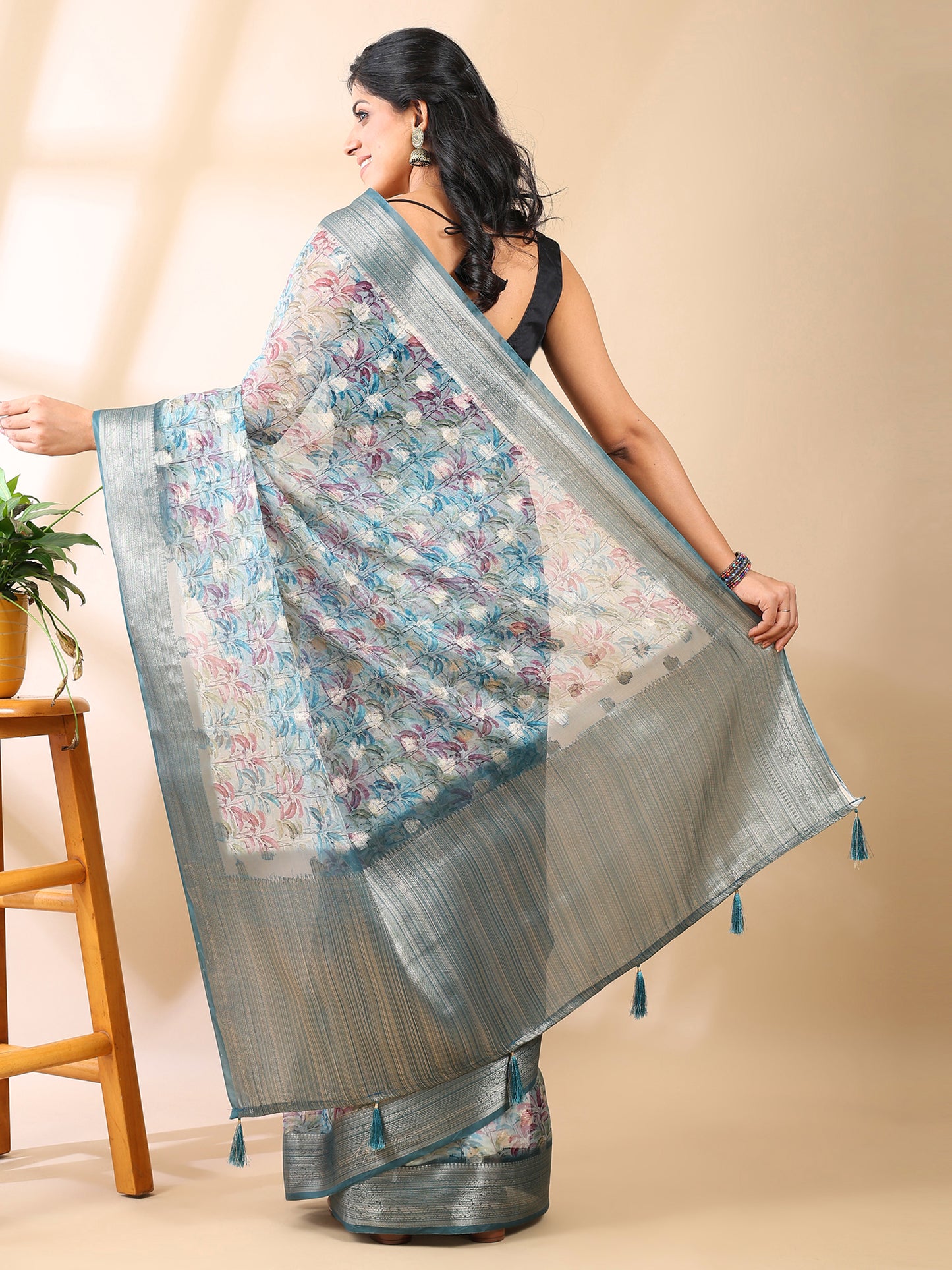 Sea Green Organza Floral Saree