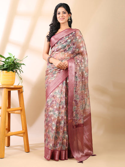 Maroon Organza Floral Saree