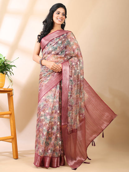 Maroon Organza Floral Saree