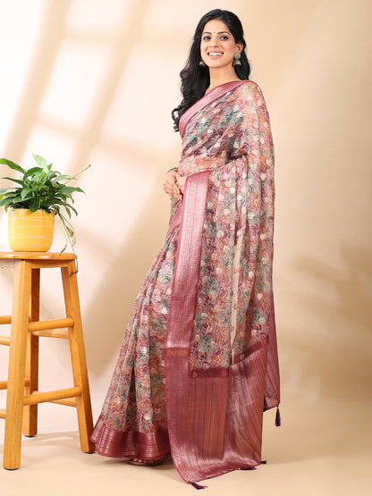 Maroon Organza Floral Saree