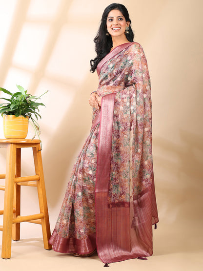 Maroon Organza Floral Saree