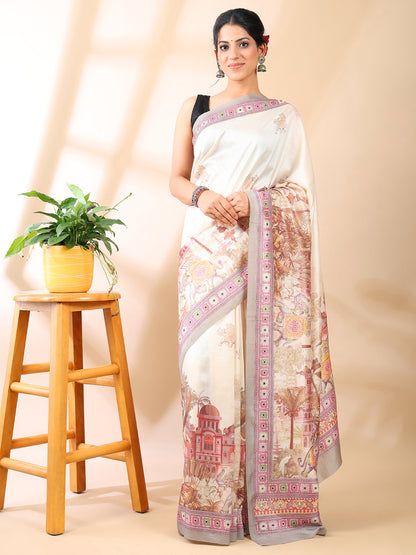 Cream Satin Georgette Print Saree