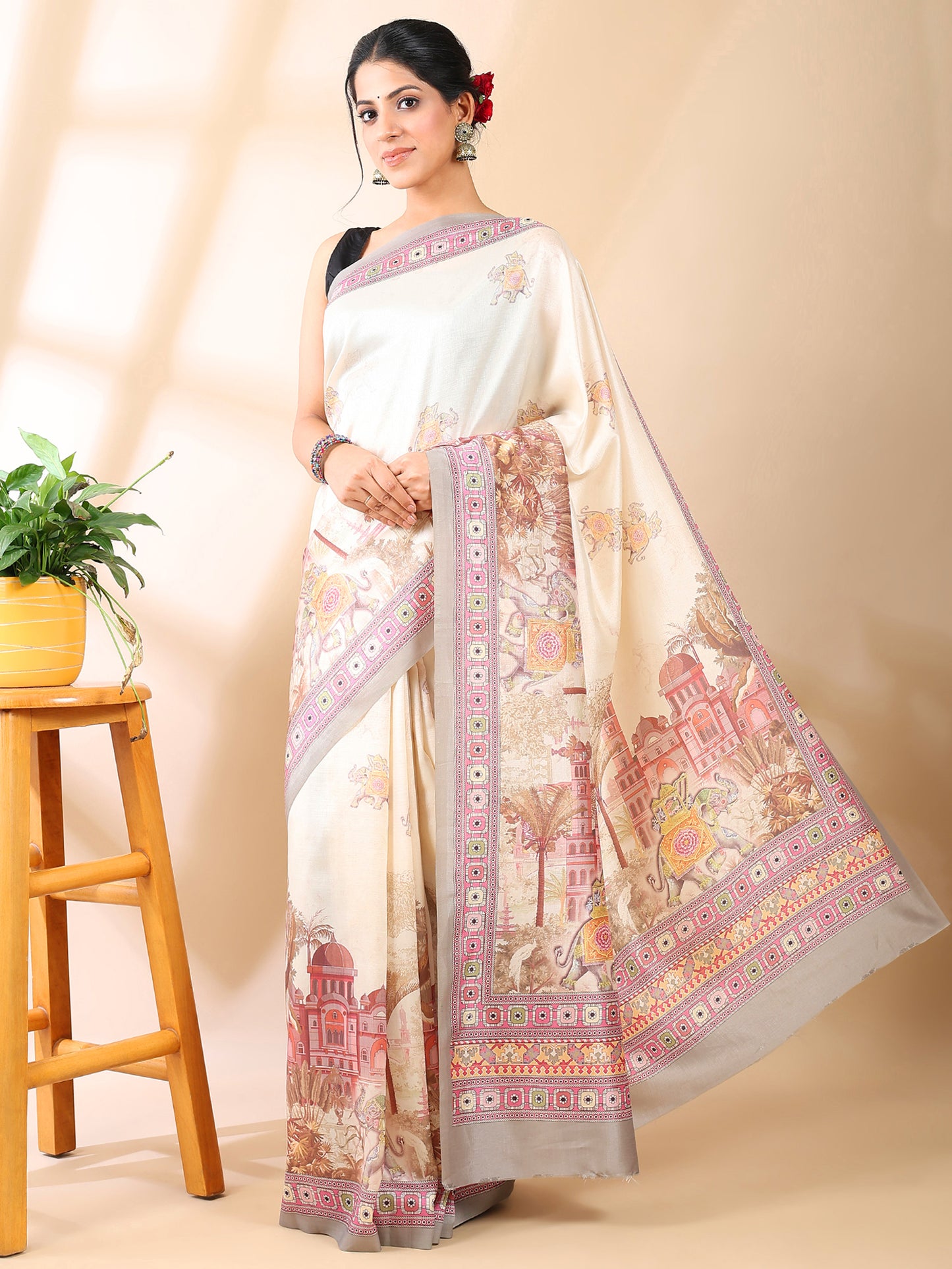 Cream Satin Georgette Print Saree