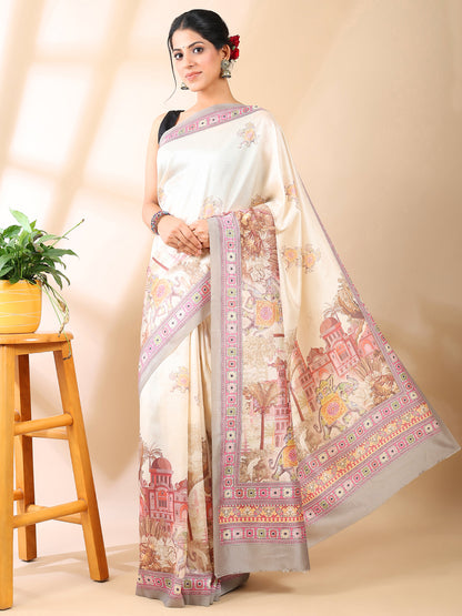 Cream Satin Georgette Print Saree