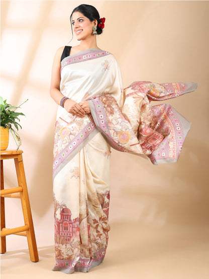 Cream Satin Georgette Print Saree