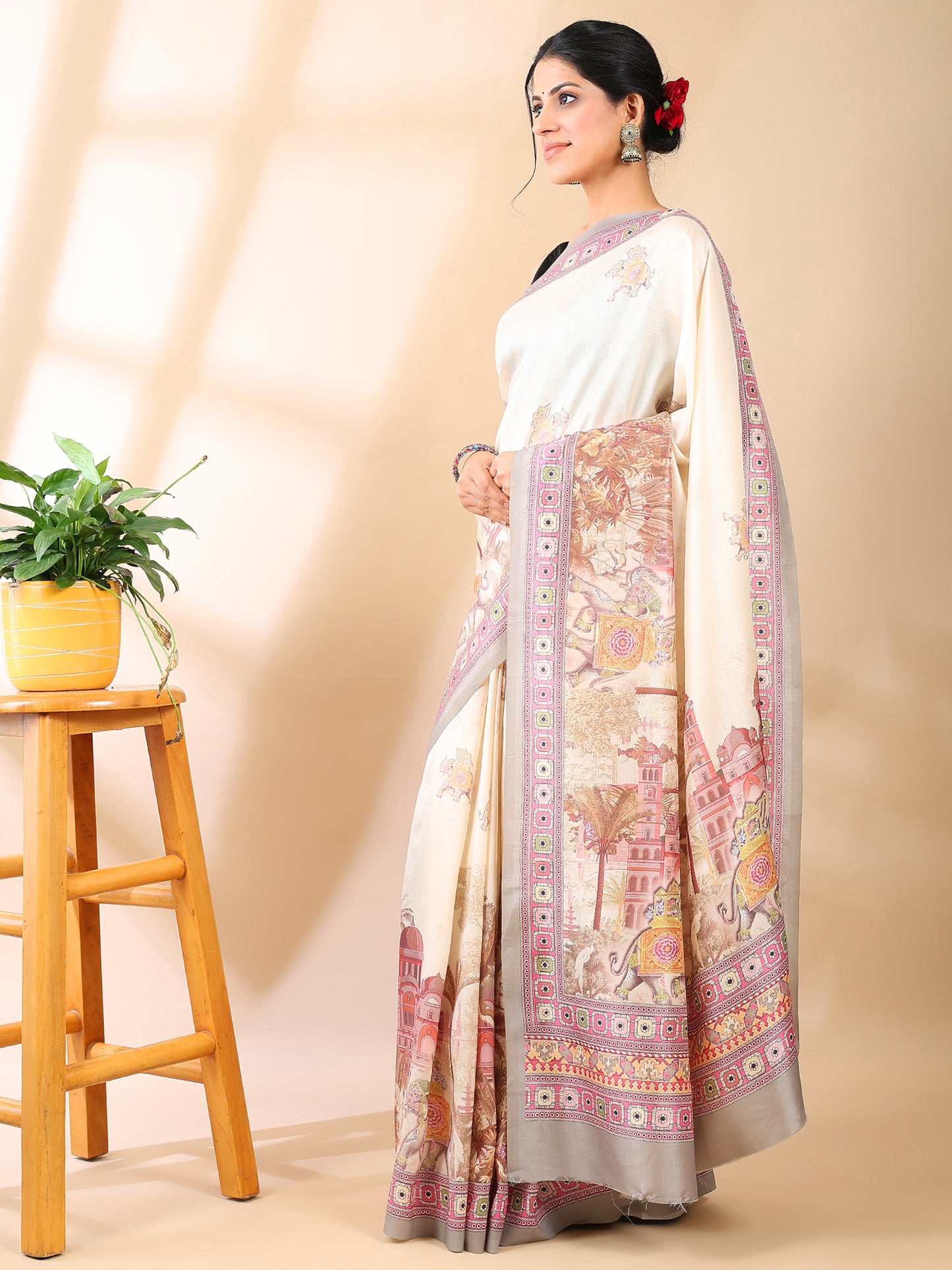 Cream Satin Georgette Print Saree