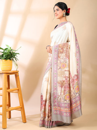 Cream Satin Georgette Print Saree
