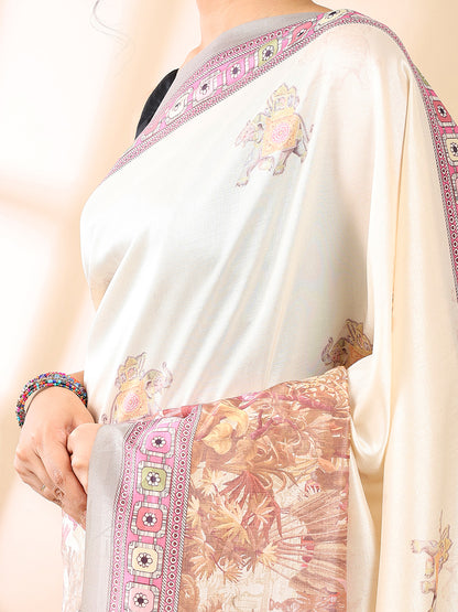 Cream Satin Georgette Print Saree
