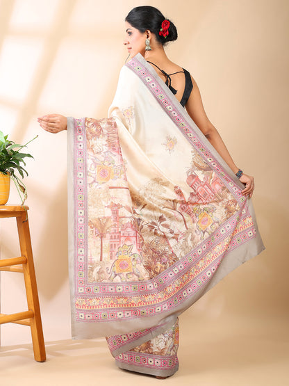 Cream Satin Georgette Print Saree