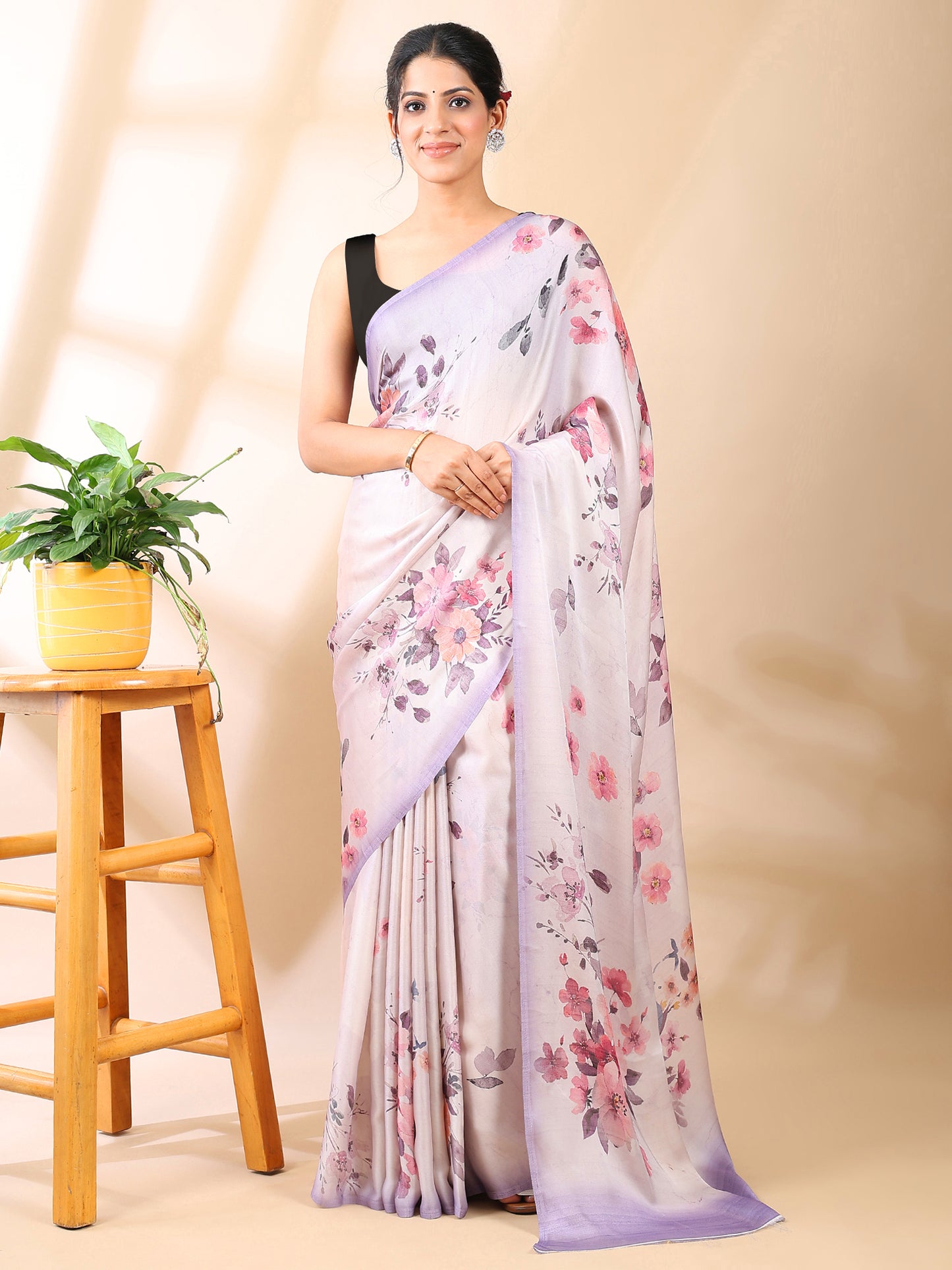 Lavender Floral Print Satin Georgette Saree