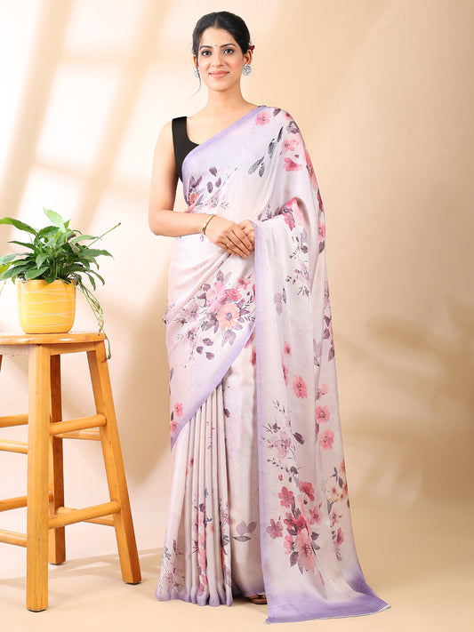 Lavender Floral Print Satin Georgette Saree