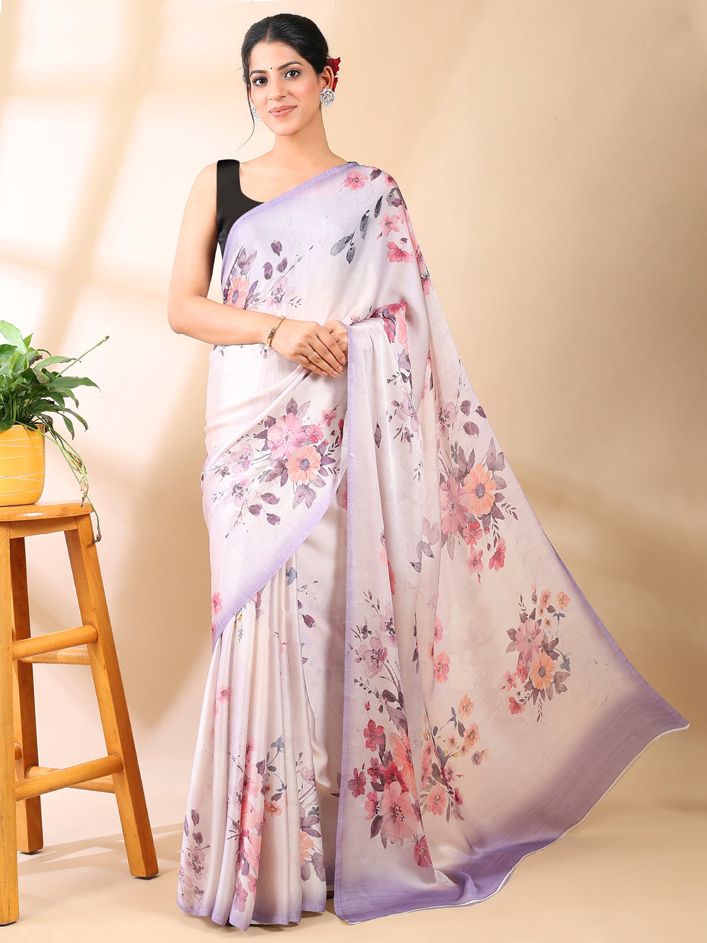Lavender Floral Print Satin Georgette Saree