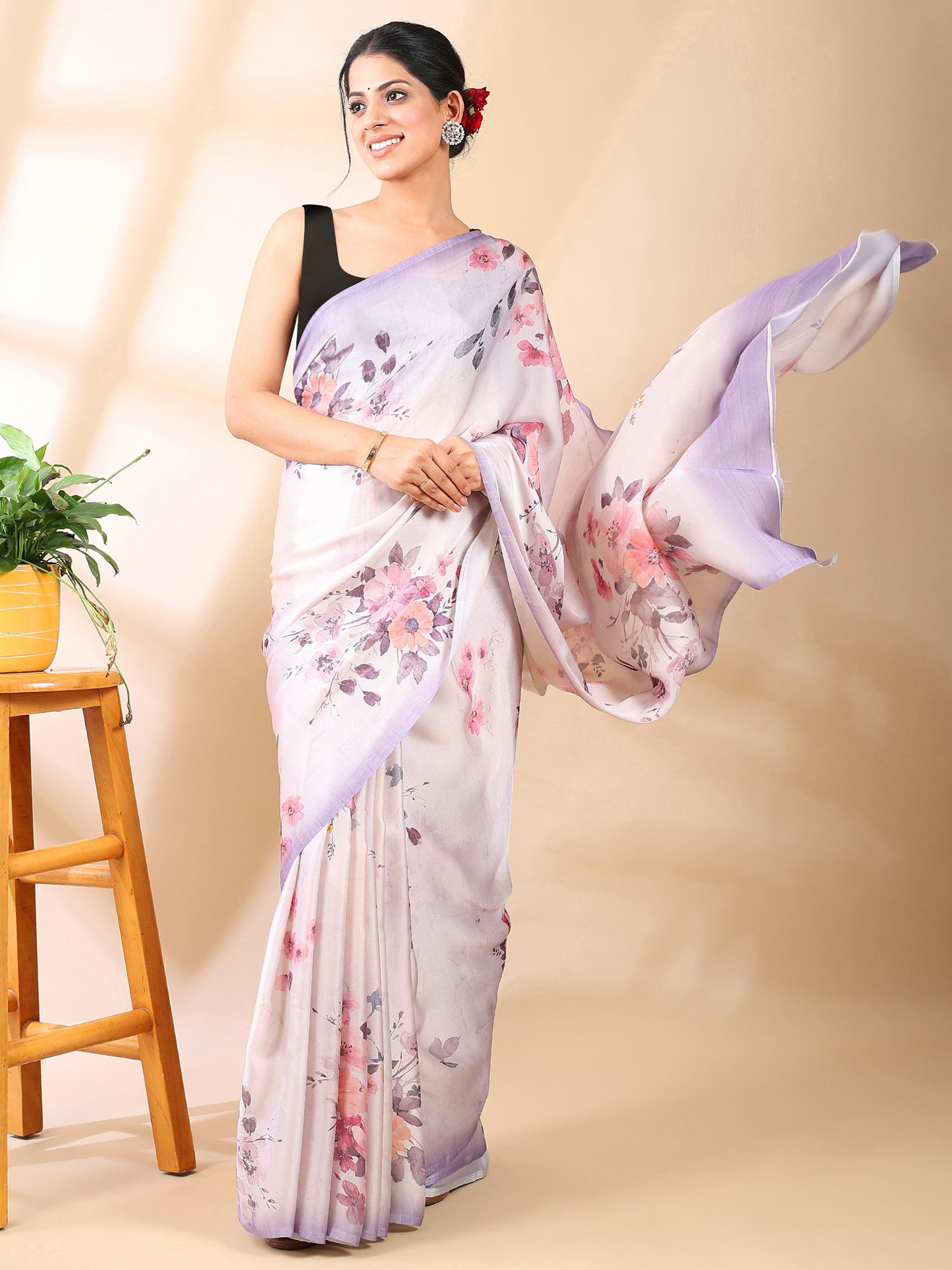 Lavender Floral Print Satin Georgette Saree