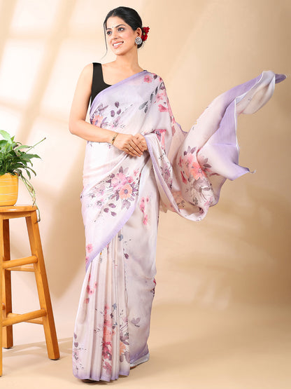 Lavender Floral Print Satin Georgette Saree