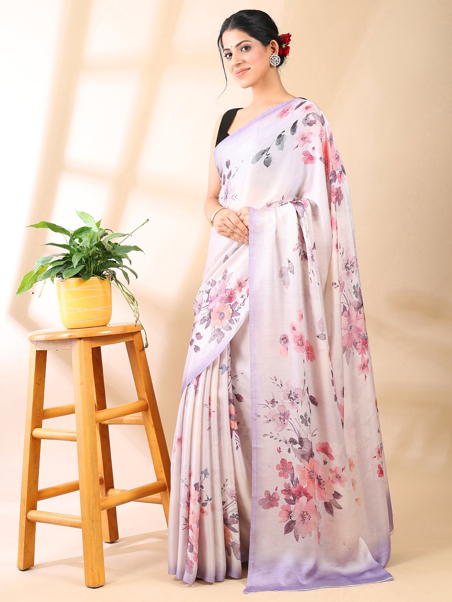 Lavender Floral Print Satin Georgette Saree