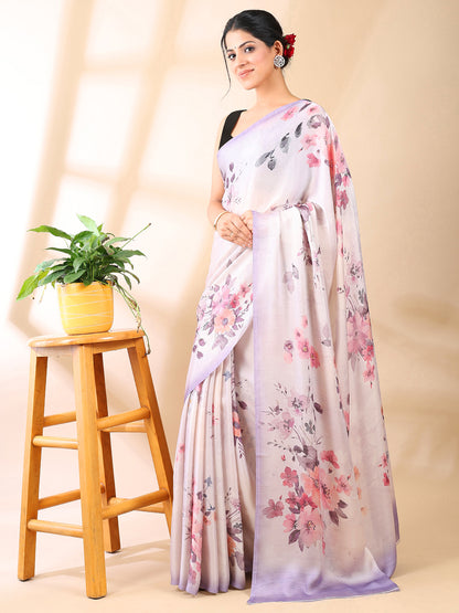 Lavender Floral Print Satin Georgette Saree