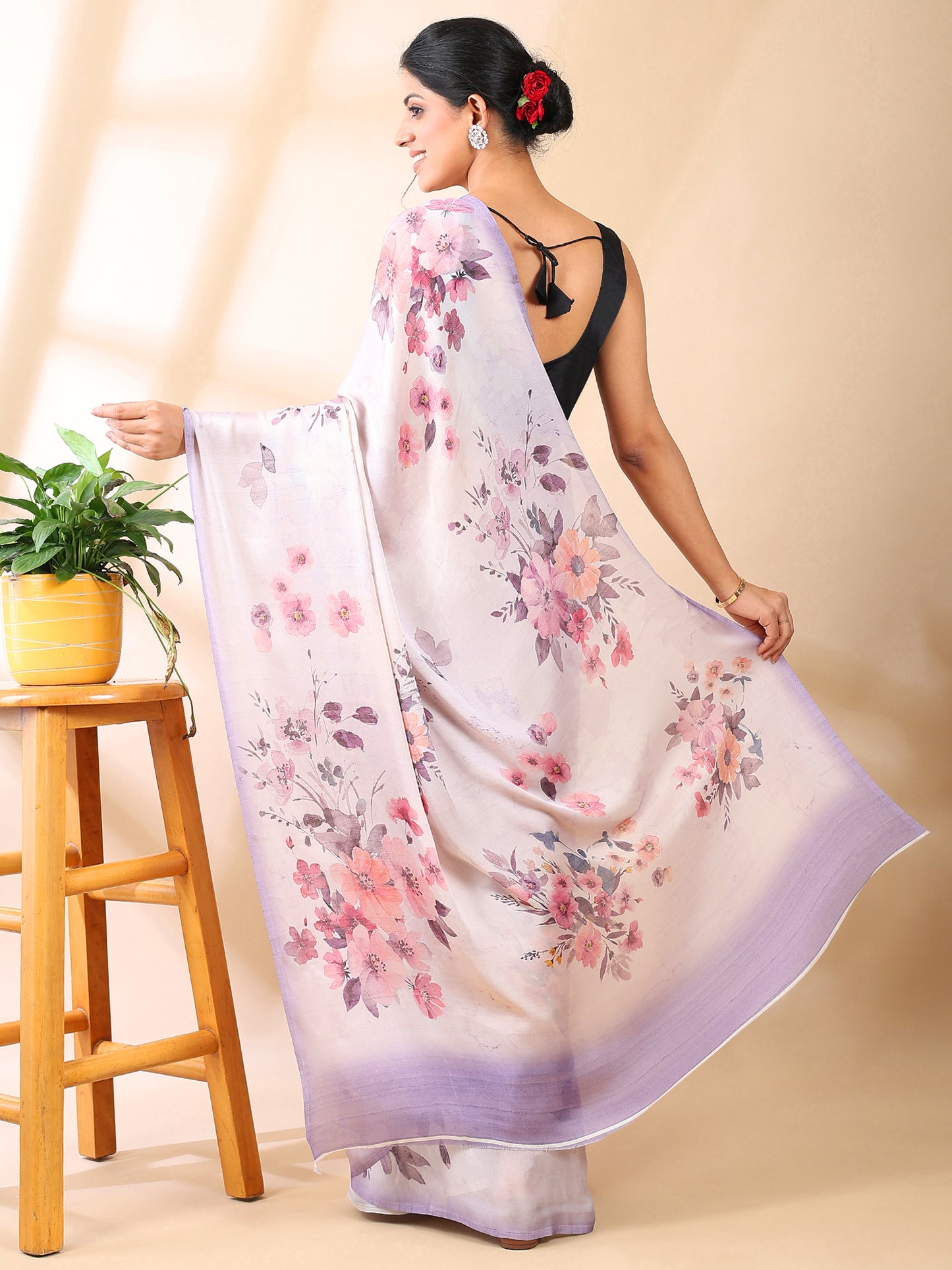 Lavender Floral Print Satin Georgette Saree
