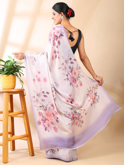 Lavender Floral Print Satin Georgette Saree