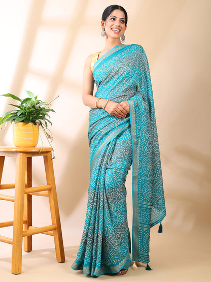 Ocean Blue Georgette Bandhani Print Saree