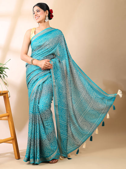 Ocean Blue Georgette Bandhani Print Saree