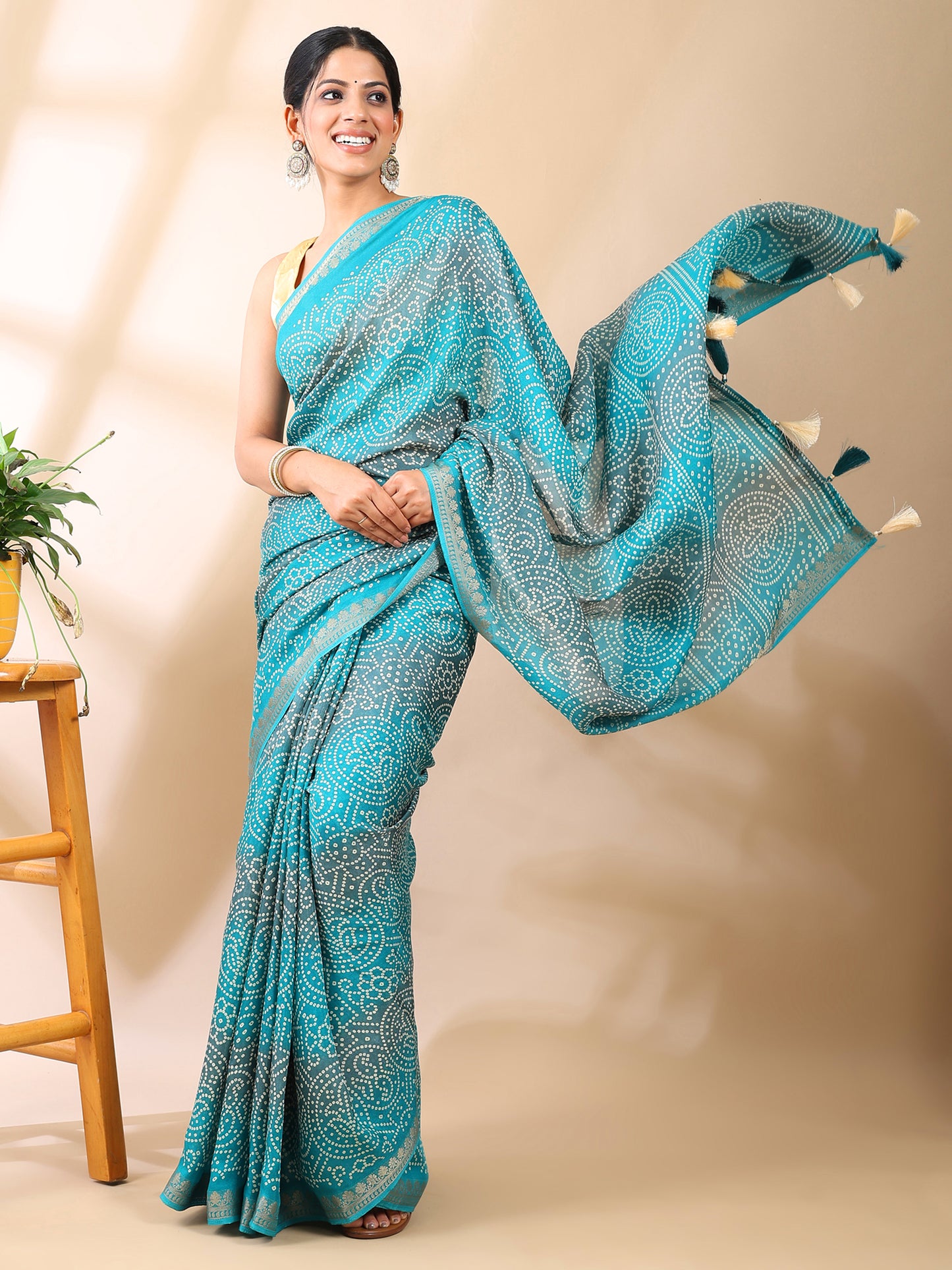 Ocean Blue Georgette Bandhani Print Saree