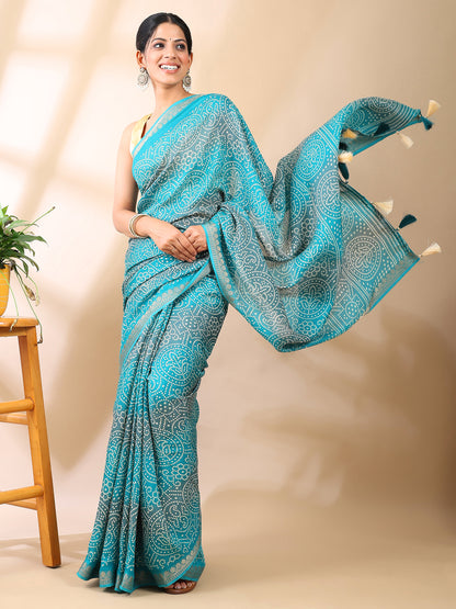 Ocean Blue Georgette Bandhani Print Saree
