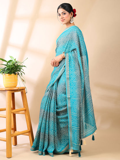 Ocean Blue Georgette Bandhani Print Saree