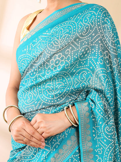 Ocean Blue Georgette Bandhani Print Saree