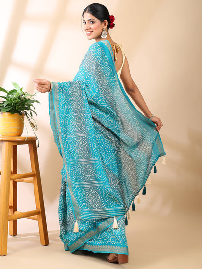 Ocean Blue Georgette Bandhani Print Saree