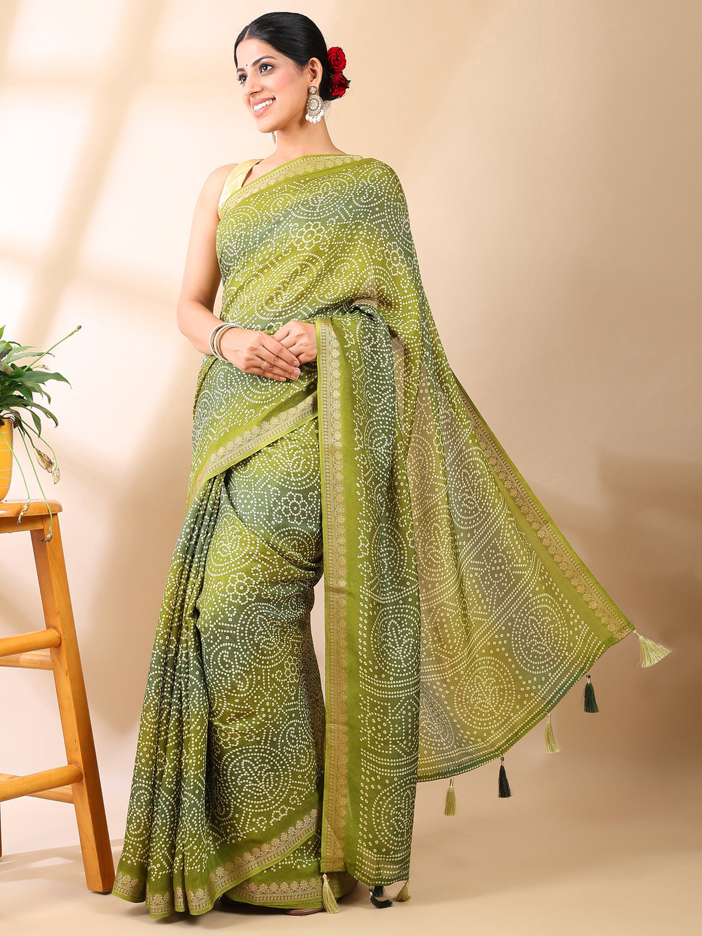 Olive Georgette Bandhani Print Saree