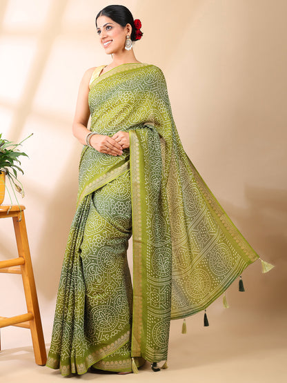 Olive Georgette Bandhani Print Saree