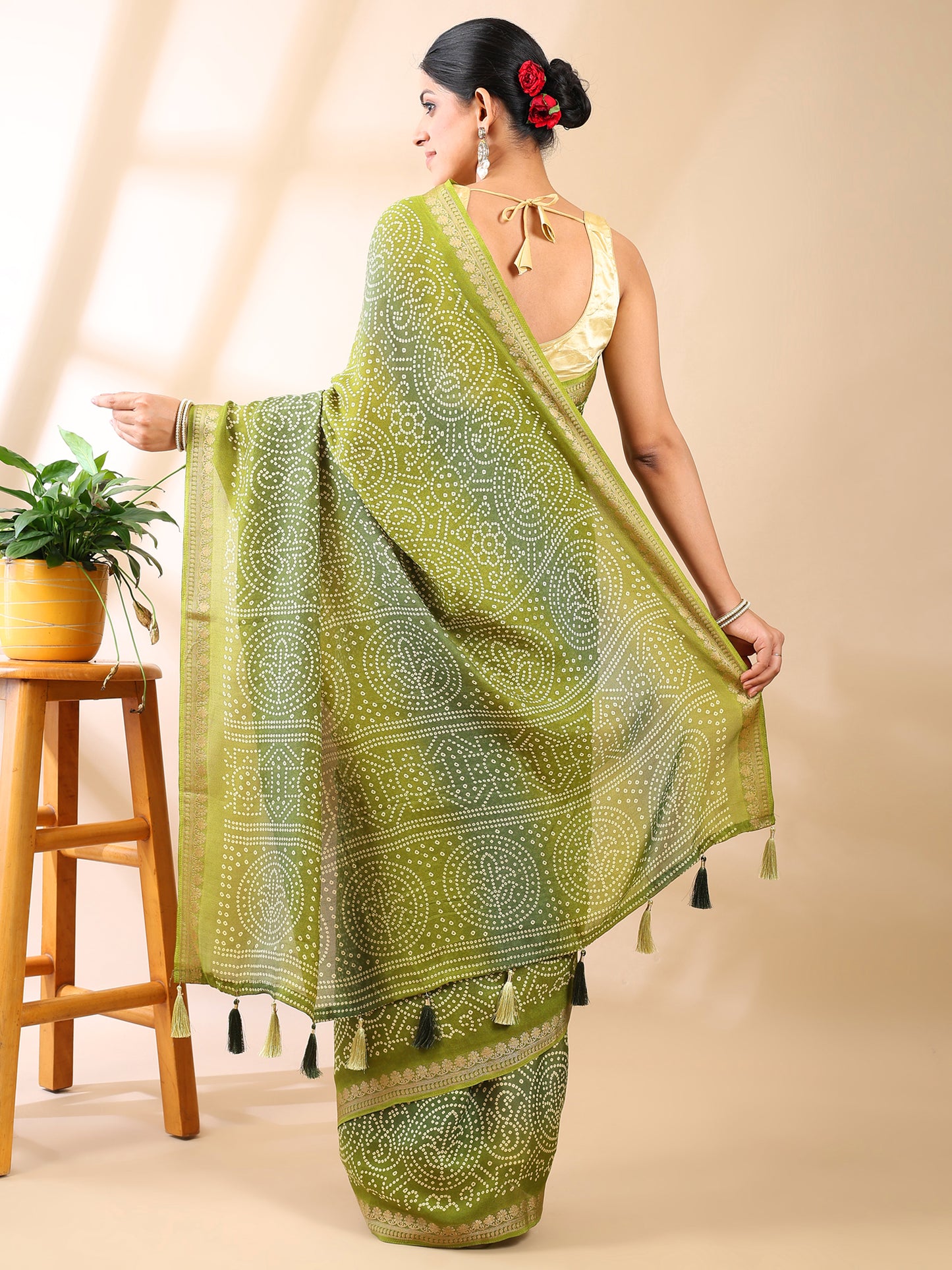 Olive Georgette Bandhani Print Saree