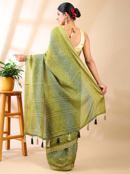 Olive Georgette Bandhani Print Saree