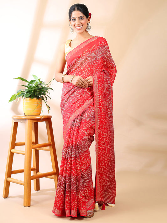 Red Georgette Bandhani Print Saree