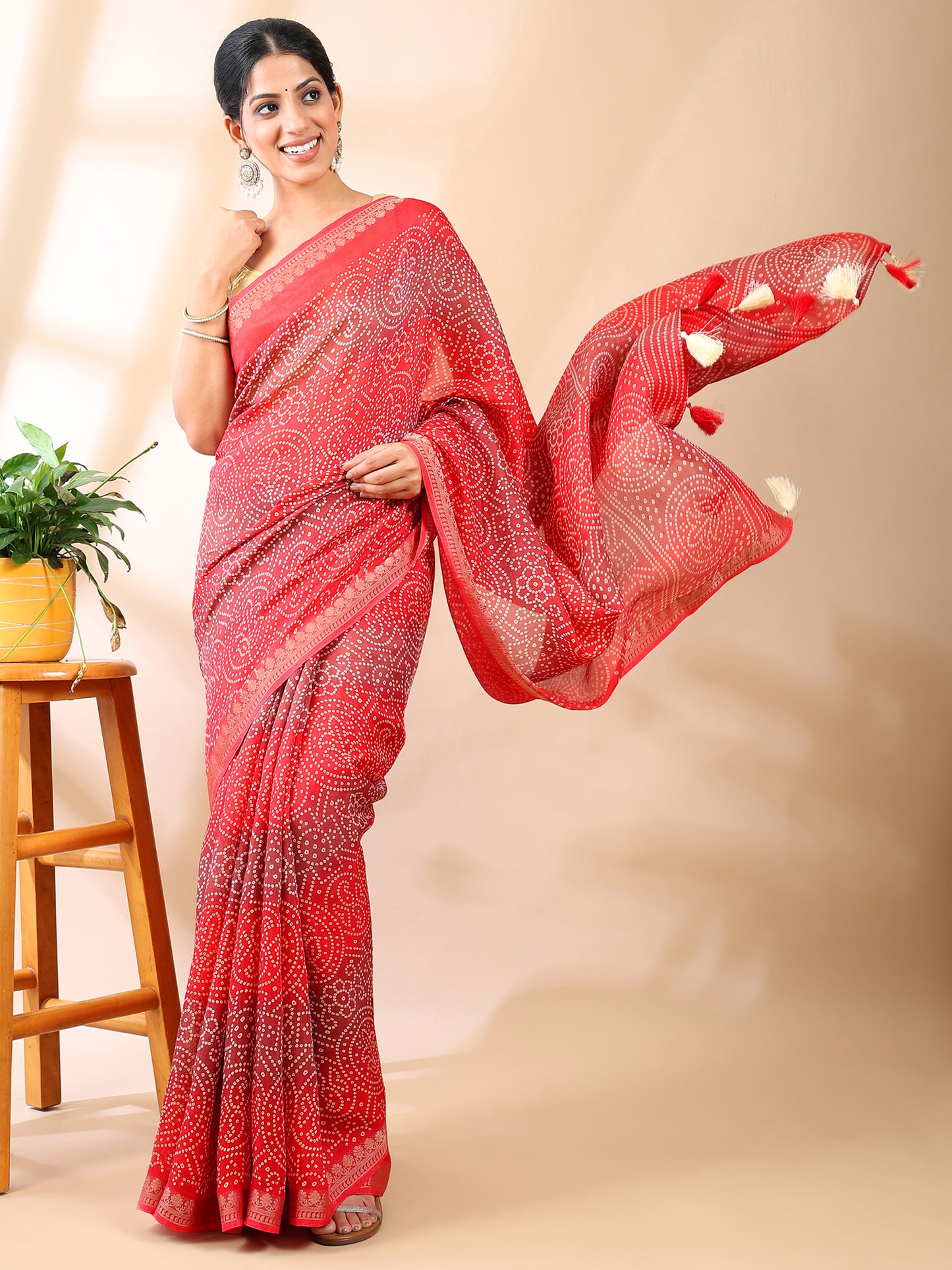 Red Georgette Bandhani Print Saree