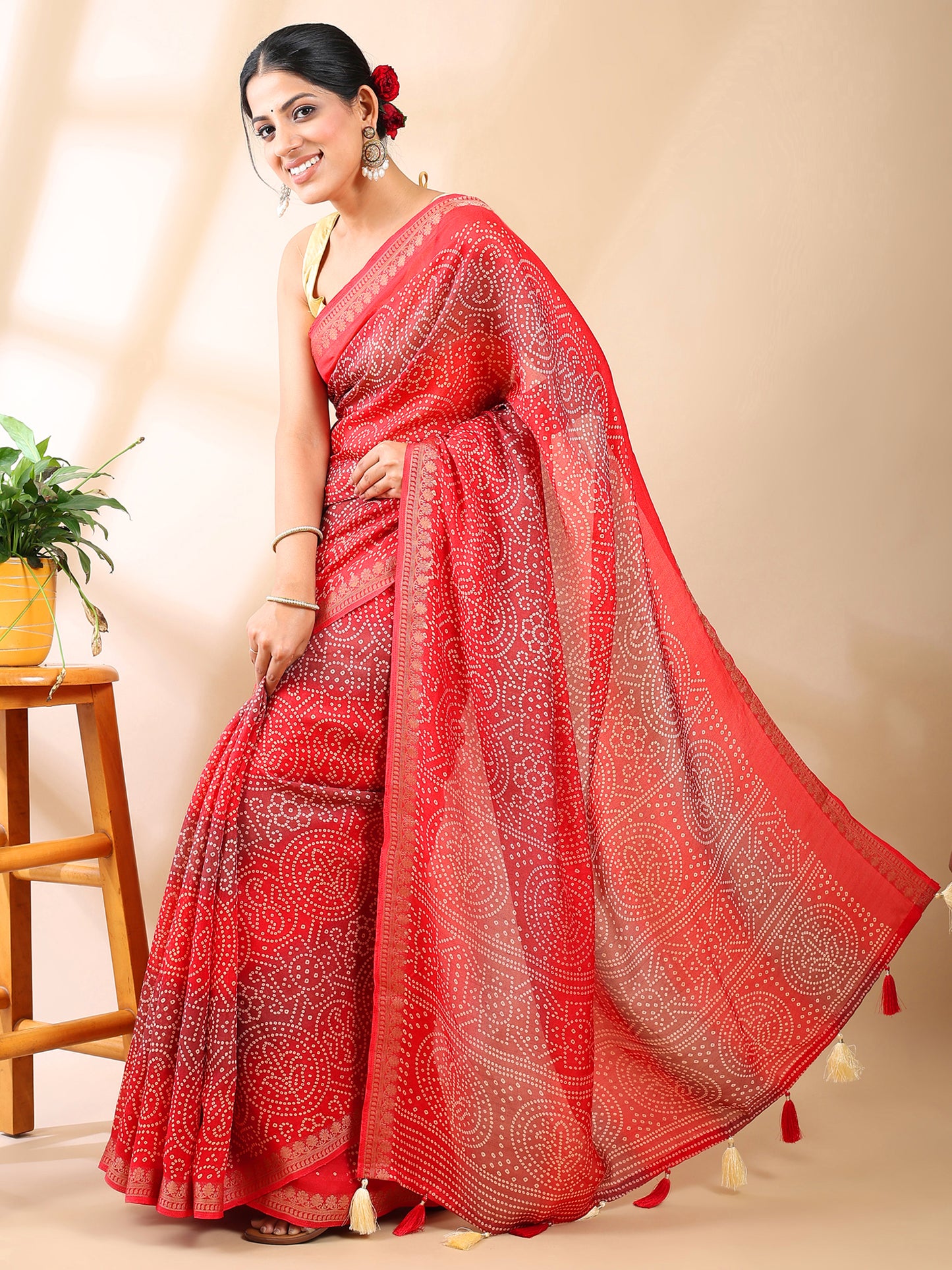 Red Georgette Bandhani Print Saree