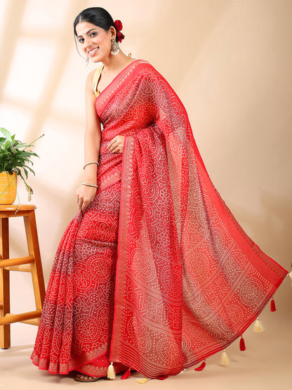 Red Georgette Bandhani Print Saree