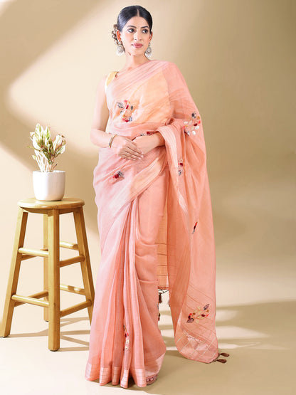 Pink Chanderi Cotton Applique Saree