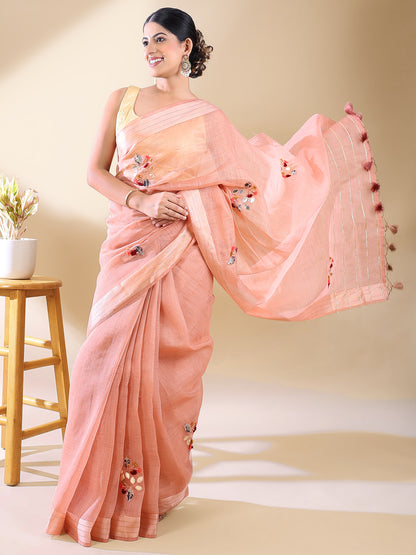 Pink Chanderi Cotton Applique Saree