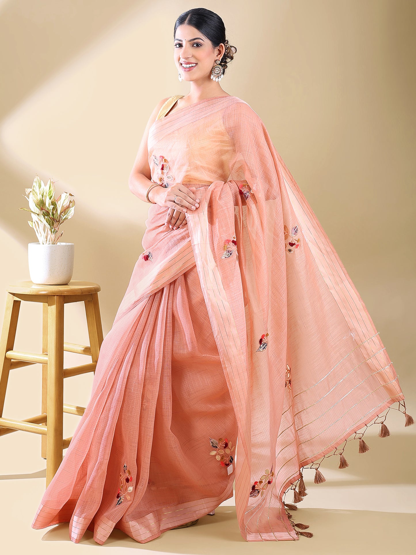 Pink Chanderi Cotton Applique Saree