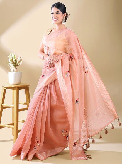 Pink Chanderi Cotton Applique Saree