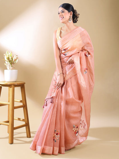 Pink Chanderi Cotton Applique Saree