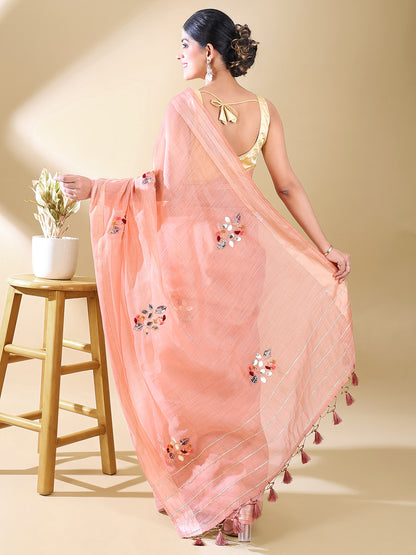 Pink Chanderi Cotton Applique Saree