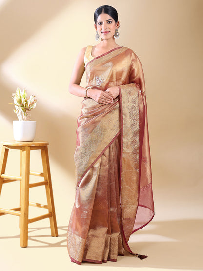 Wine Silk Blend Woven Saree