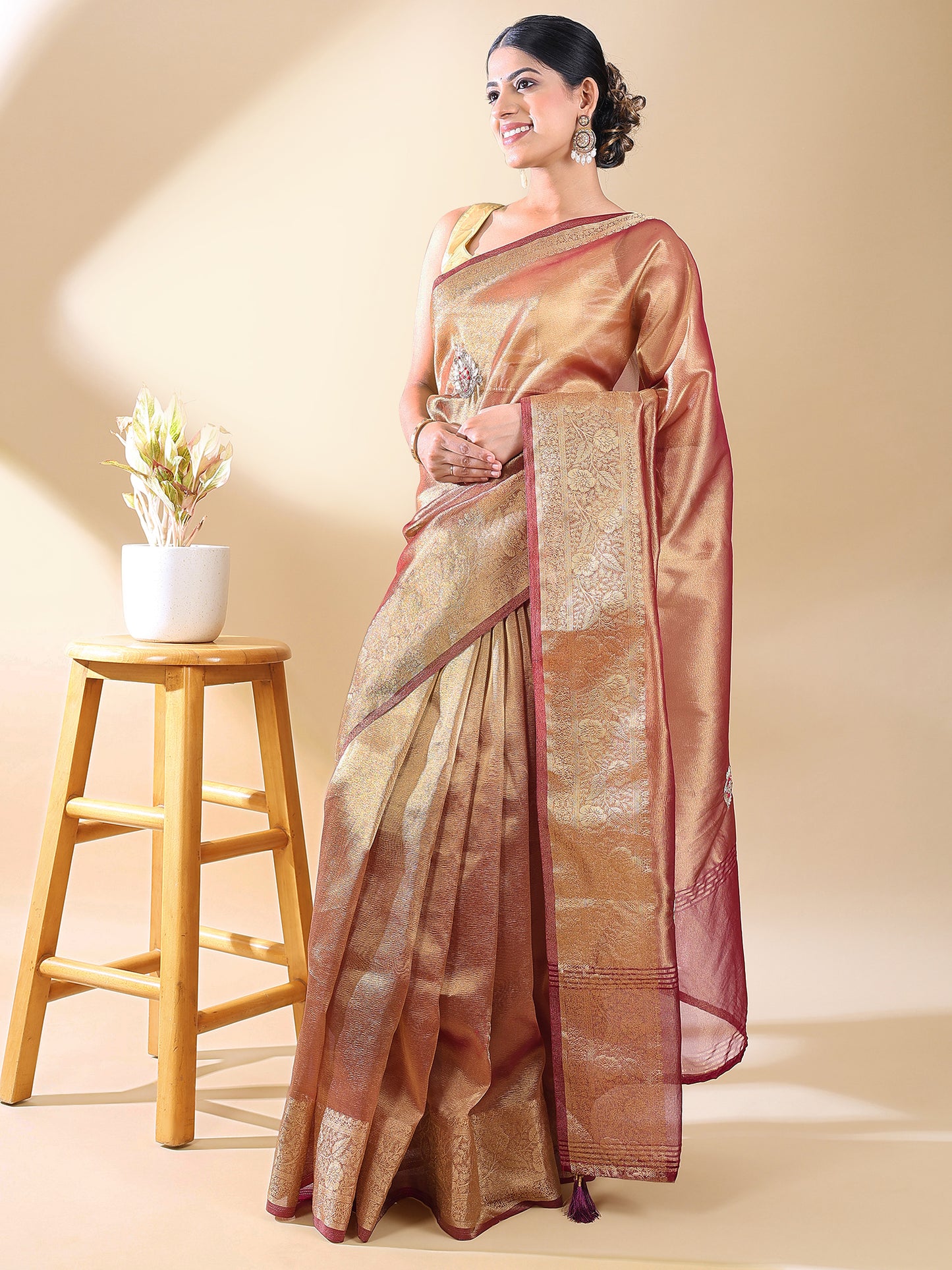 Wine Silk Blend Woven Saree