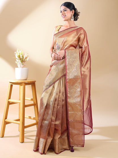 Wine Silk Blend Woven Saree