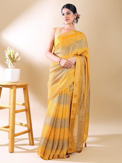 Yellow Georgette Bandhani Print Saree