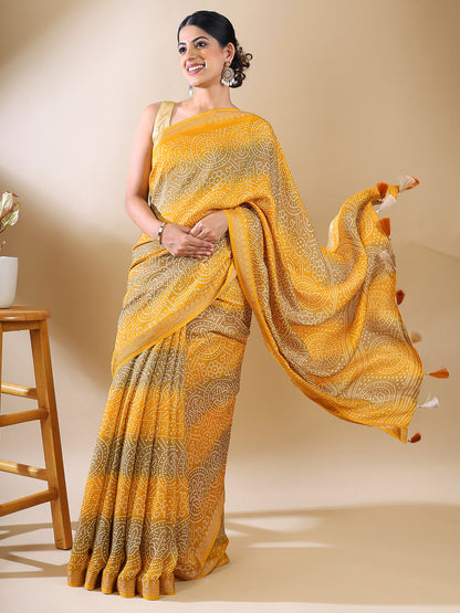 Yellow Georgette Bandhani Print Saree